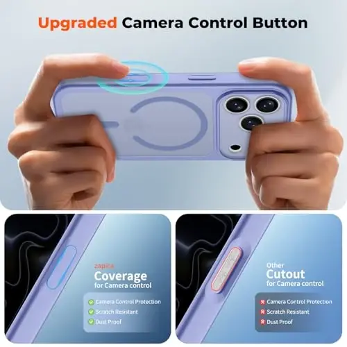 Чехол zapica Magnetic для iPhone 17 Pro Max, улучшенный [кнопка управления камерой] [полная защита камеры] [с 1 защитным стеклом], полупрозрачный матовый противоударный защитный чехол для телефона, туманно-голубой - 4