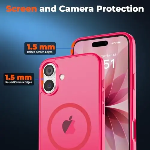 Чехол zapica Magnetic для iPhone 17, с [Защитным стеклом из закаленного стекла] [Совместимо с MagSafe], полупрозрачный матовый противоударный чехол с защитой от царапин, ярко-розовый - 5