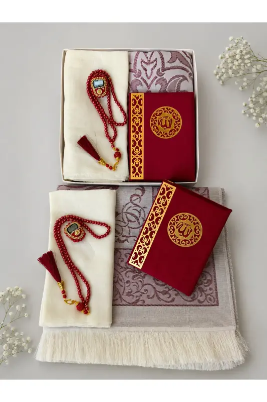 Çeyizlik, , Gelin Bohçası Seti, Yasin, Tesbih, Zikir Matik,seccade Seti , Seccade - bordo - 2
