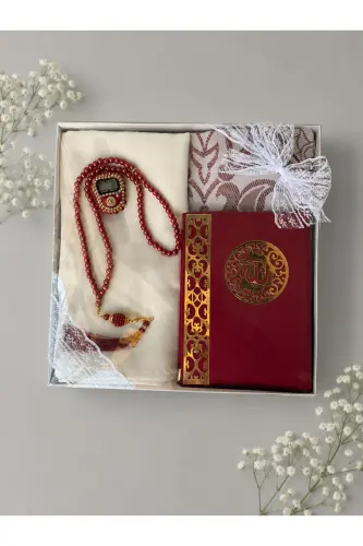 Çeyizlik, , Gelin Bohçası Seti, Yasin, Tesbih, Zikir Matik,seccade Seti , Seccade - bordo - 3