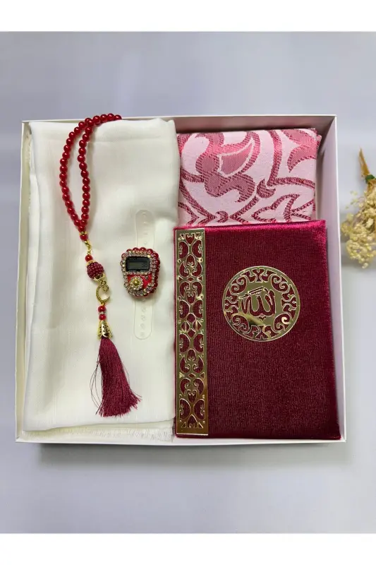 Çeyizlik, , Gelin Bohçası Seti, Yasin, Tesbih, Zikir Matik,seccade Seti , Seccade-bordo - LIFESTYLING