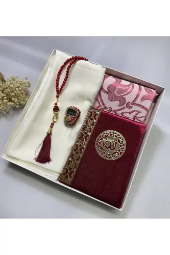 Çeyizlik, , Gelin Bohçası Seti, Yasin, Tesbih, Zikir Matik,seccade Seti , Seccade-bordo - 3