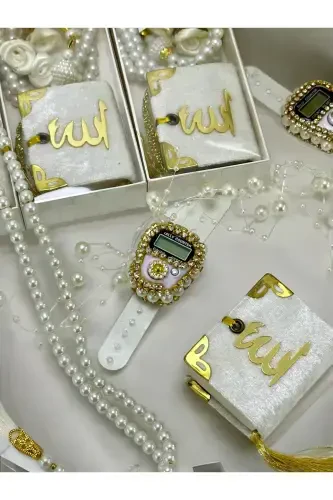 Çeyizlik, Hediyelik, Bebek Mevlidi, ( Zikirmatik, Tesbih, Mini Kuran Set )Hac, Umre Dönüş Hediyesi-beyaz - 1