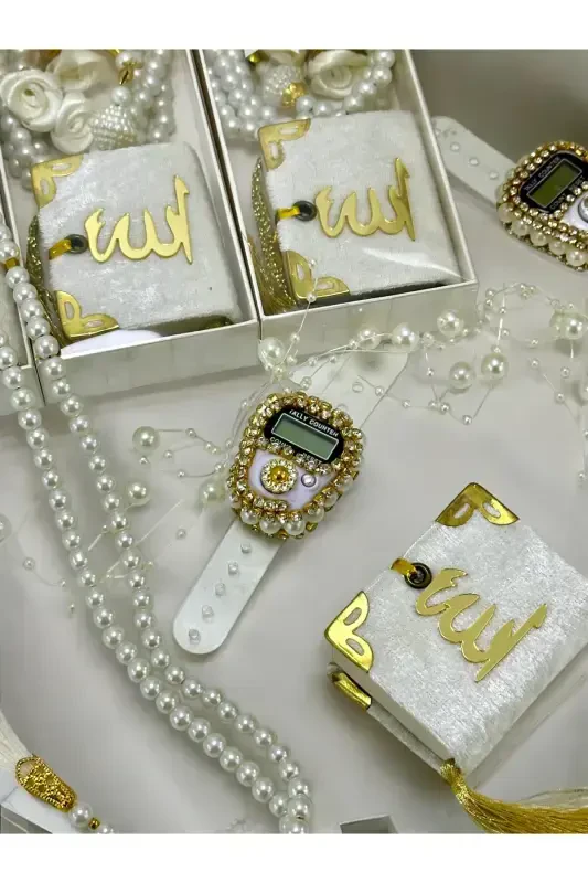 Çeyizlik, Hediyelik, Bebek Mevlidi, ( Zikirmatik, Tesbih, Mini Kuran Set )Hac, Umre Dönüş Hediyesi-beyaz - 1