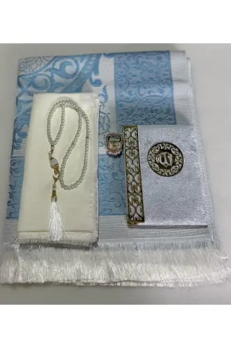 Çeyizlik, Hediyelik, Gelin Bohçası Seti, Yasin, Tesbih, Zikir Matik,seccade Seti , Seccade - acık mavi - 3