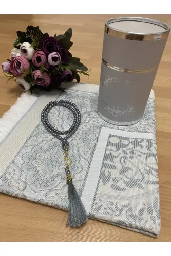 Çeyizlik Hediyelik Kutulu Gümüş Seccade Seti Lüks Tafta Seccade İnci Tesbih-Gri 