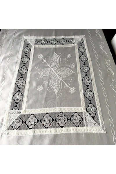 Çeyizlik Ipek Dokuma Iğne Oyalı Masa Örtüsü 140 Cm X 180 Cm %100 Ipek Krem - Modazone (1)