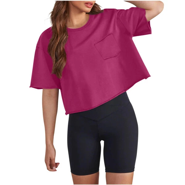 cfhntfmh Crop Tops for Women Trendy Short Sleeve Round Neck Shirt Back Design Loose Pocketed Tees - CFHNTFMH