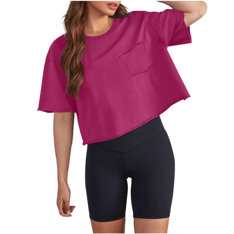 cfhntfmh Crop Tops for Women Trendy Short Sleeve Round Neck Shirt Back Design Loose Pocketed Tees - 1