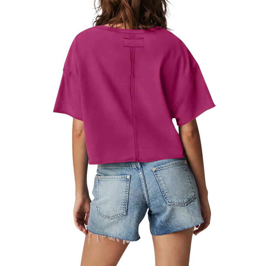 cfhntfmh Crop Tops for Women Trendy Short Sleeve Round Neck Shirt Back Design Loose Pocketed Tees - 4