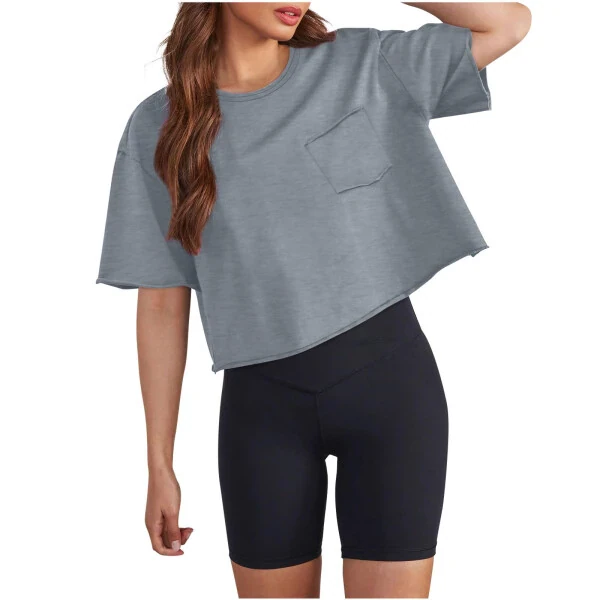 cfhntfmh Crop Tops for Women Trendy Short Sleeve Round Neck Shirt Back Design Loose Pocketed Tees - CFHNTFMH