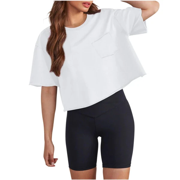 cfhntfmh Crop Tops for Women Trendy Short Sleeve Round Neck Shirt Back Design Loose Pocketed Tees - CFHNTFMH
