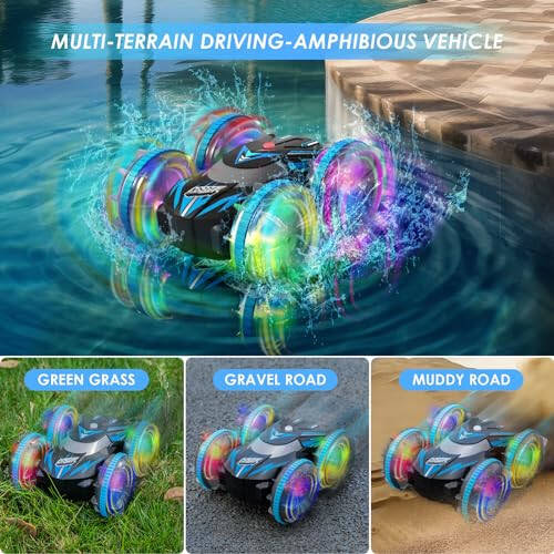 CGSGDK Beach Amphibious Remote Control Car Toys, 2.4 GHz Remote Control Boat Waterproof, All Terrain RC Stunt Car with LED Lights, Land Water Boat Birthday Gifts Toys for 6-12 Year Old Boys Girls - 3