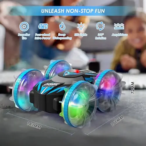 CGSGDK Beach Amphibious Remote Control Car Toys,2.4 GHz Remote Control Boat Waterproof, All Terrain RC Stunt Car with LED Lights, Land Water Boat Birthday Gifts Toys for 6-12 Year Old Boys Girls - 7