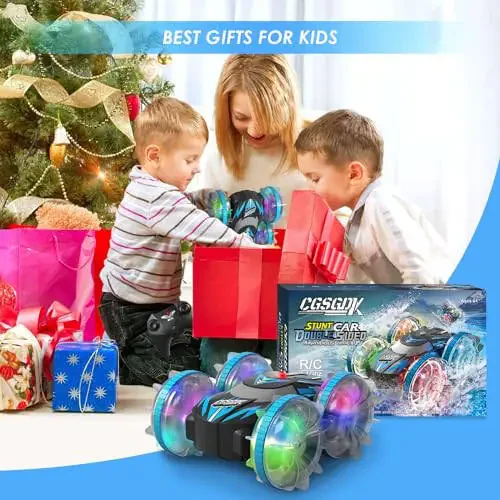 CGSGDK Beach Amphibious Remote Control Car Toys,2.4 GHz Remote Control Boat Waterproof, All Terrain RC Stunt Car with LED Lights, Land Water Boat Birthday Gifts Toys for 6-12 Year Old Boys Girls - 6