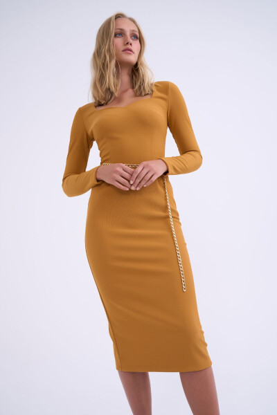 Chain Belt Pencil Dress - Mustard - 2