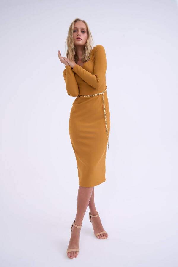 Chain Belt Pencil Dress - Mustard - 3