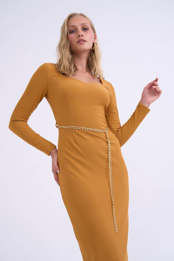 Chain Belt Pencil Dress - Mustard - 4