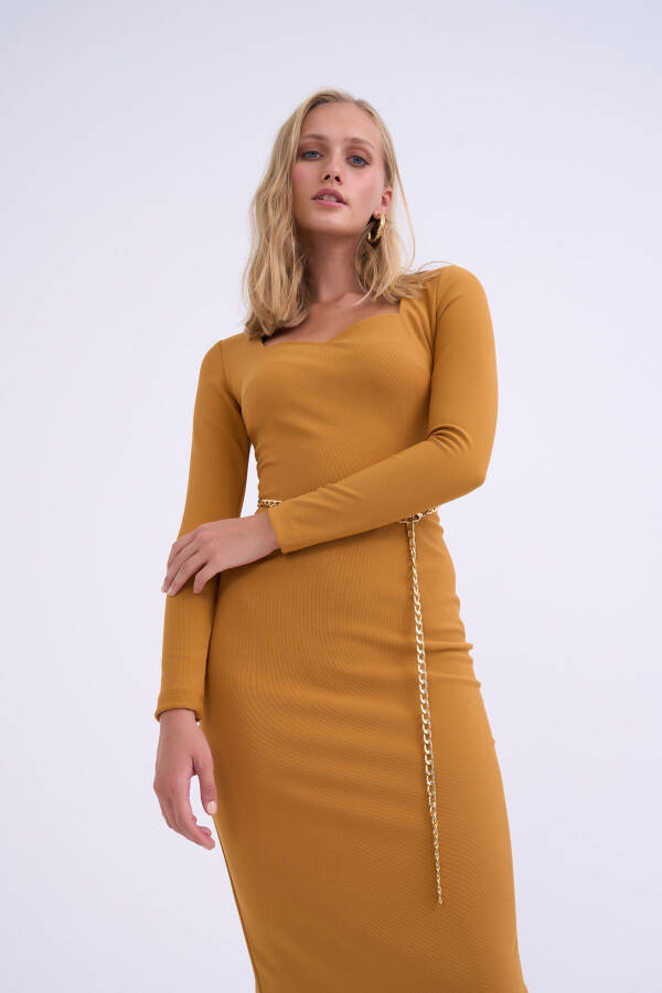 Chain Belt Pencil Dress - Mustard - 5