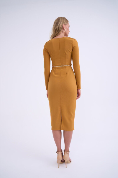 Chain Belt Pencil Dress - Mustard - 6