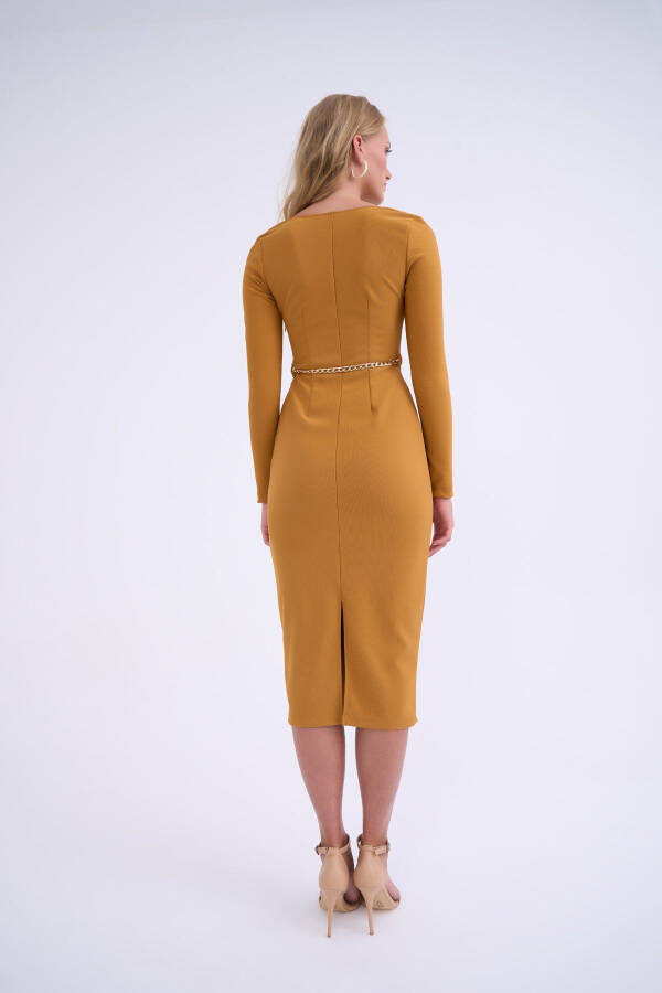 Chain Belt Pencil Dress - Mustard - 6