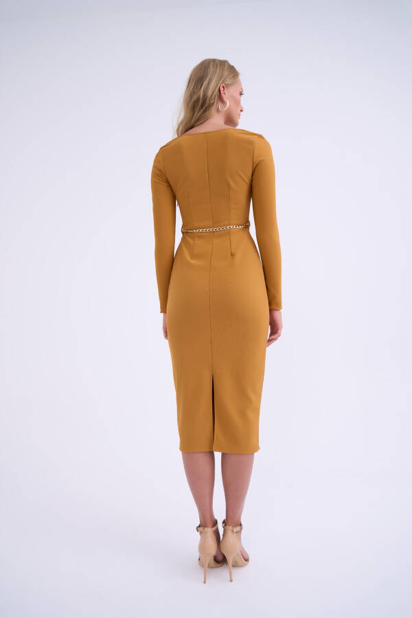 Chain Belt Pencil Dress - Mustard - 12