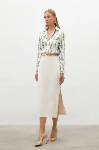 Chain Belt Pencil Skirt - BEIGE-BEIGE 