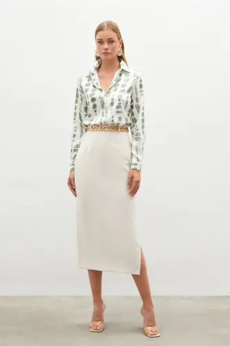 Chain Belt Pencil Skirt - BEIGE-BEIGE - SATEEN (1)