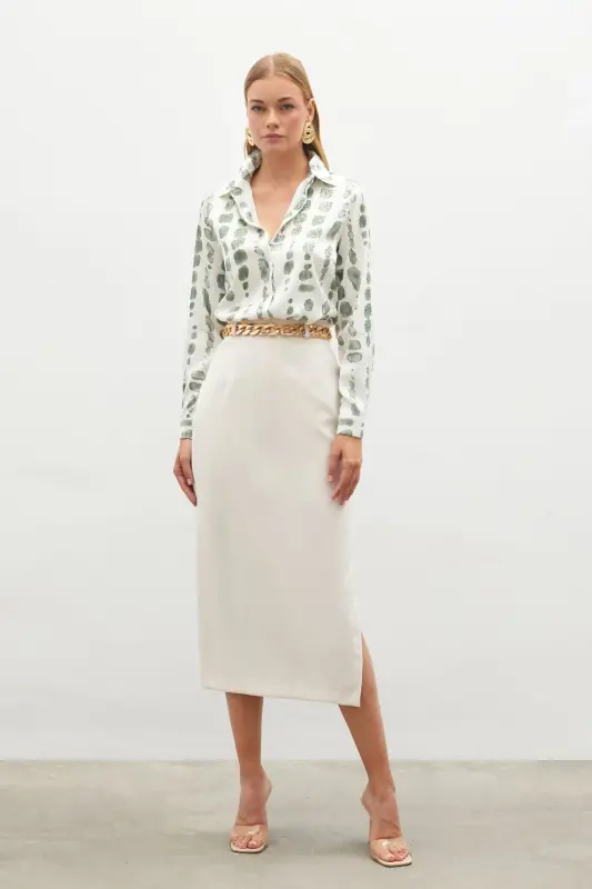 Chain Belt Pencil Skirt - BEIGE-BEIGE - 2