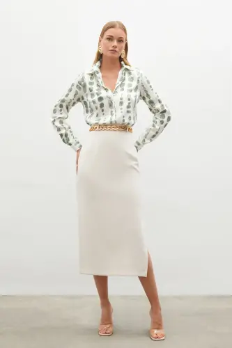 Chain Belt Pencil Skirt - BEIGE-BEIGE - 4