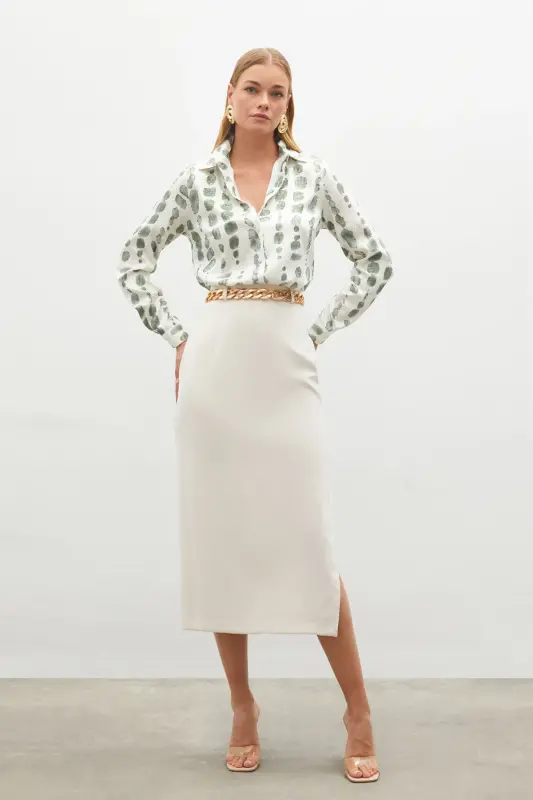 Chain Belt Pencil Skirt - BEIGE-BEIGE - 4