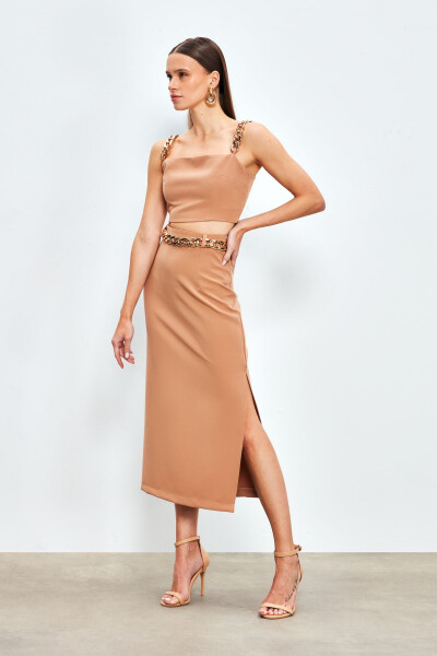 Chain Belt Pencil Skirt - CAMEL - 2