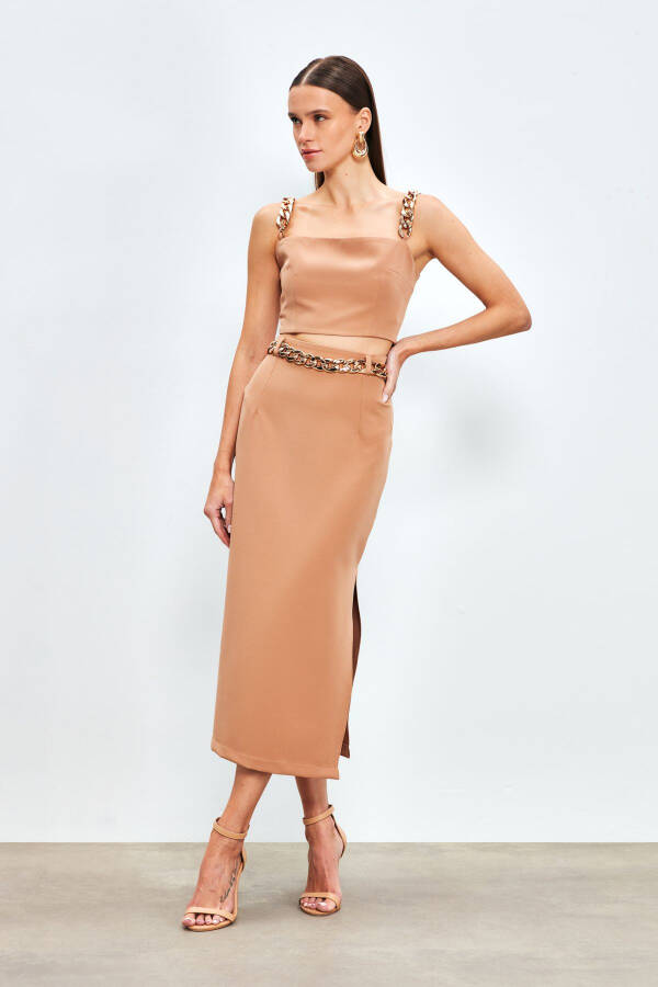 Chain Belt Pencil Skirt - CAMEL - 4