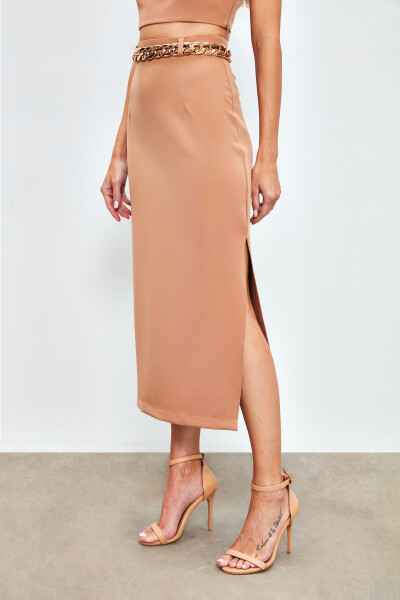 Chain Belt Pencil Skirt - CAMEL - 5