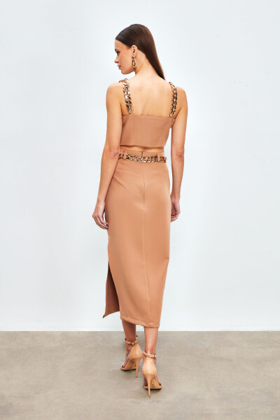 Chain Belt Pencil Skirt - CAMEL - 7