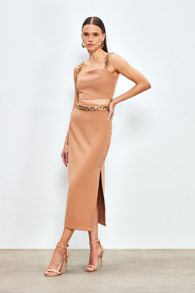 Chain Belt Pencil Skirt - CAMEL - 10