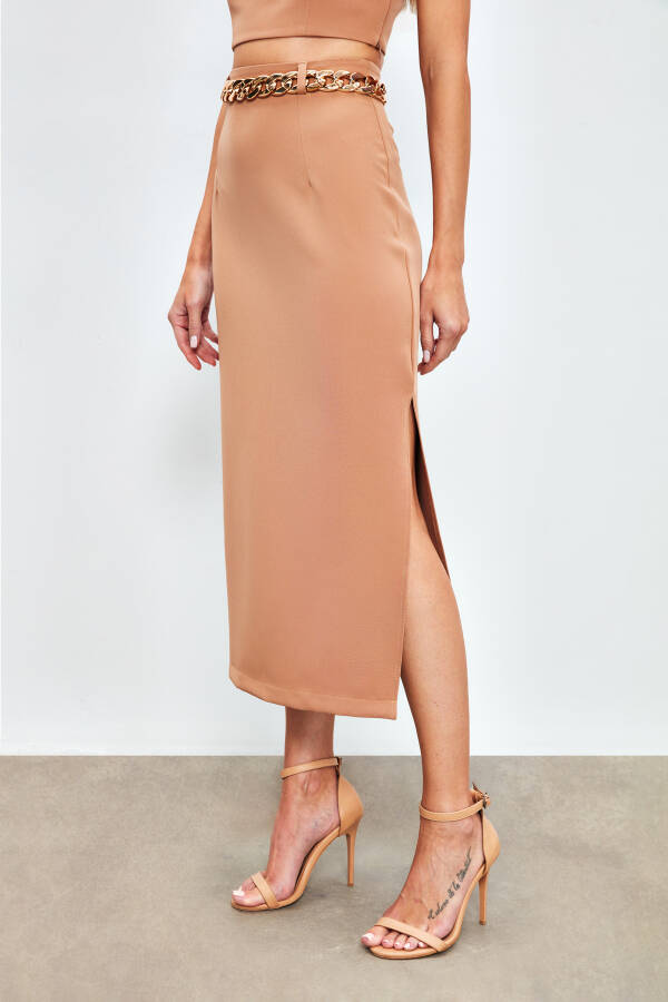 Chain Belt Pencil Skirt - CAMEL - 12