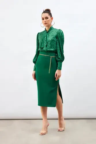 Chain Belt Pencil Skirt Emerald - SATEEN (1)