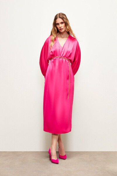 Chain Belt Satin Dress - Fuchsia - 4