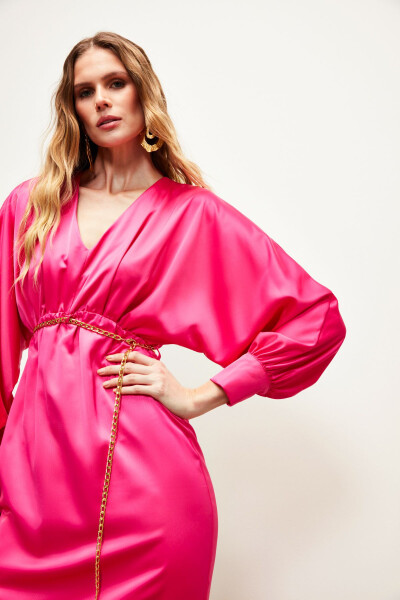 Chain Belt Satin Dress - Fuchsia - 6