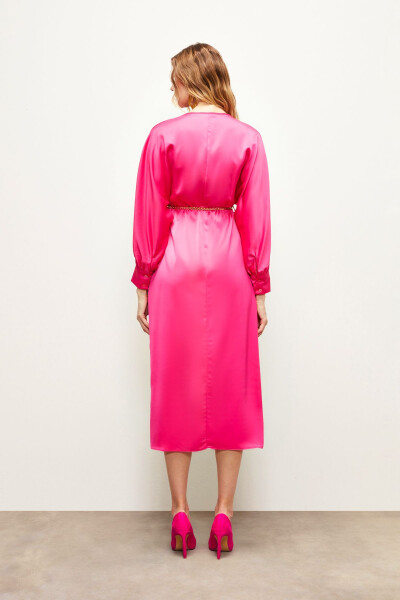 Chain Belt Satin Dress - Fuchsia - 7