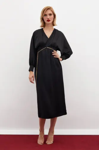 Chain Belted Satin Dress - Black-BLACK - 1