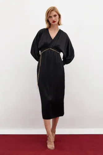 Chain Belted Satin Dress - Black-BLACK - SATEEN (1)