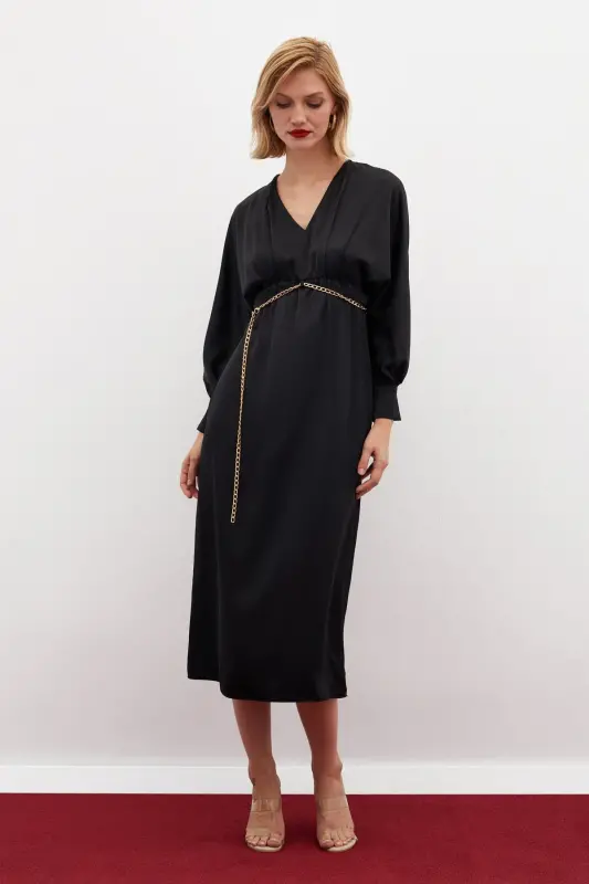 Chain Belted Satin Dress - Black-BLACK - 3