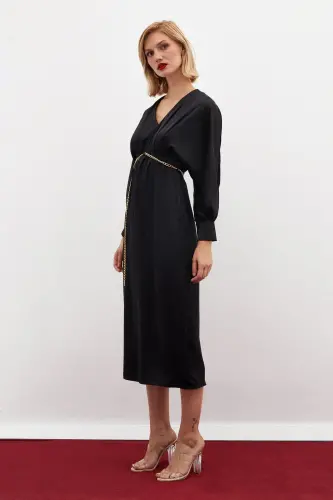 Chain Belted Satin Dress - Black-BLACK - 4