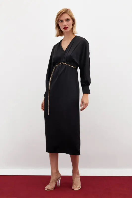 Chain Belted Satin Dress - Black-BLACK - 5