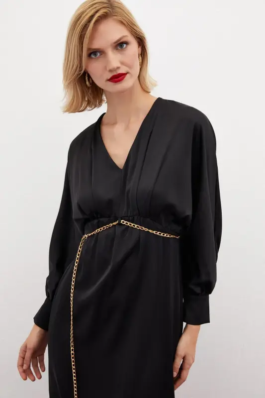 Chain Belted Satin Dress - Black-BLACK - 6