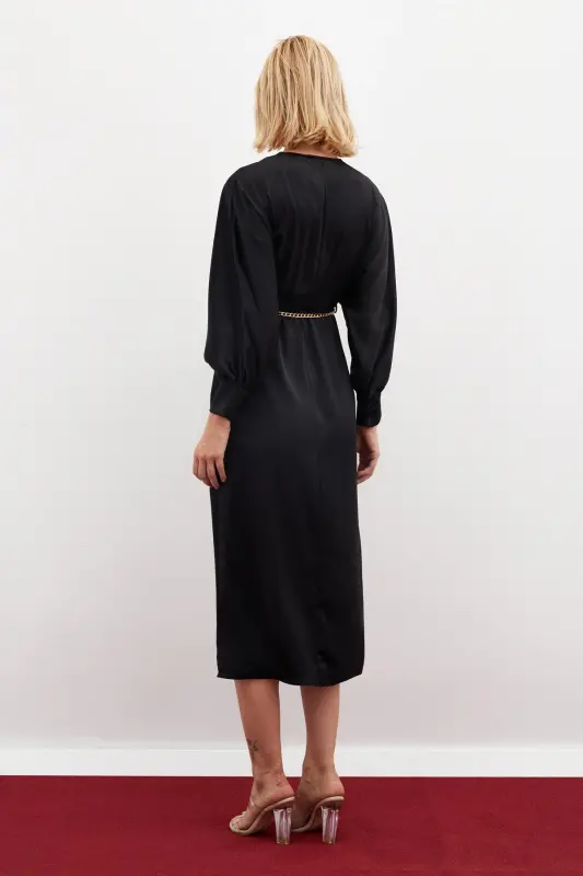 Chain Belted Satin Dress - Black-BLACK - 7
