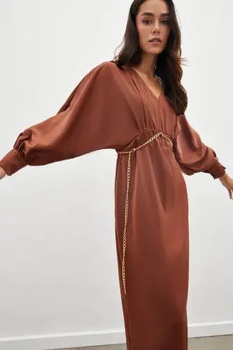 Chain Belted Satin Dress - COFFEE-COFFEE - 1