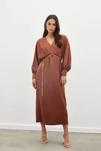 Chain Belted Satin Dress - COFFEE-COFFEE - 4